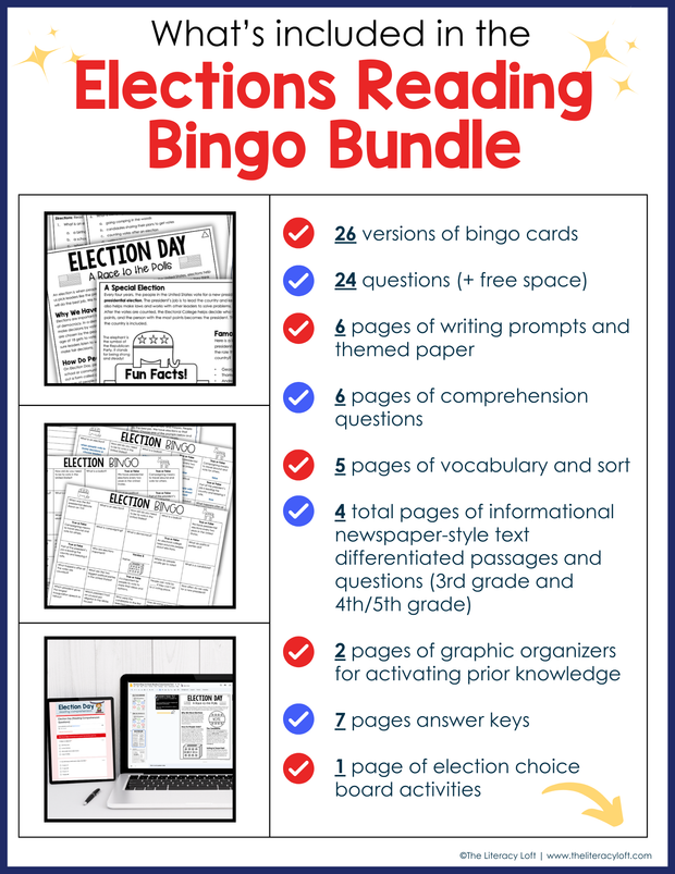 2024 Presidential Election Reading Comprehension Bingo 3rd 4th 5th Grade Passages Questions Graphic Organizers Writing Prompts