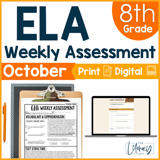 8th Grade ELA Reading Comprehension October Morning Work Assessment Daily Review