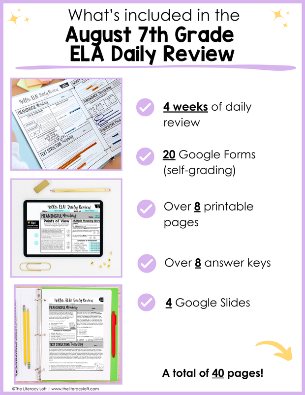 ELA Daily Review 7th Grade {August} | Distance Learning | Google Slides and Forms