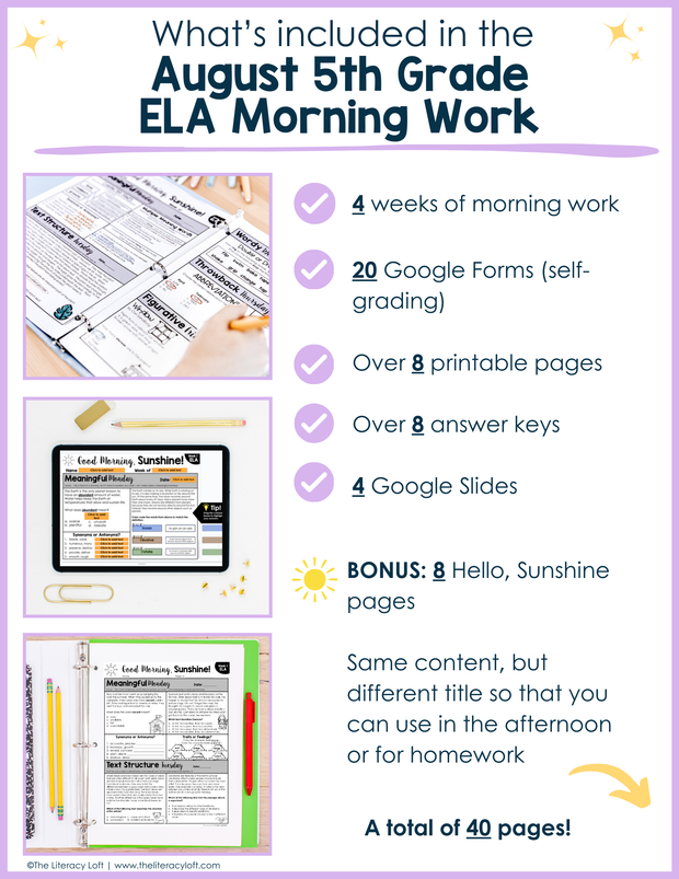 ELA Morning Work 5th Grade {August} | Distance Learning | Google Slides