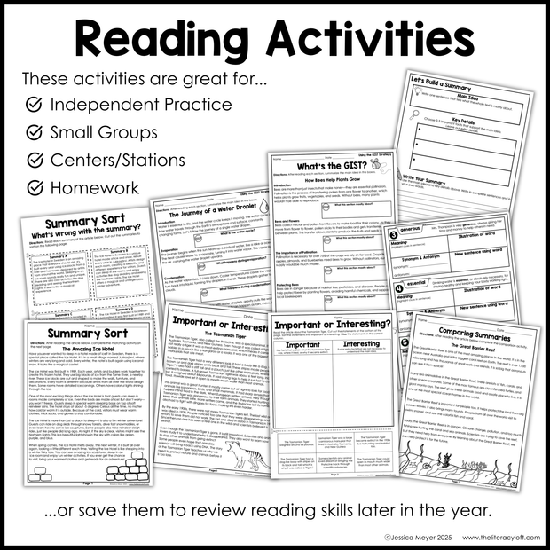 4th 5th Grade Summarizing Nonfiction Text Reading Comprehension Passages Unit