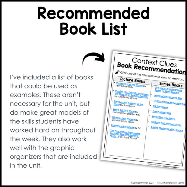 4th 5th Grade Context Clues Reading Comprehension Unit Vocabulary Worksheets Graphic Organizers Posters