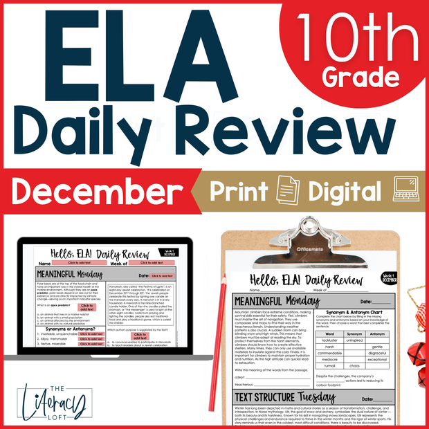 10th Grade ELA High School Daily Review Sub Plans December Grammar and Vocabulary