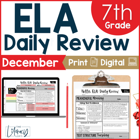 ELA Daily Review 7th Grade {December} I Distance Learning I Google Slides and Forms