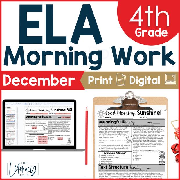 ELA Morning Work 4th Grade {December} I Distance Learning I Google Slides