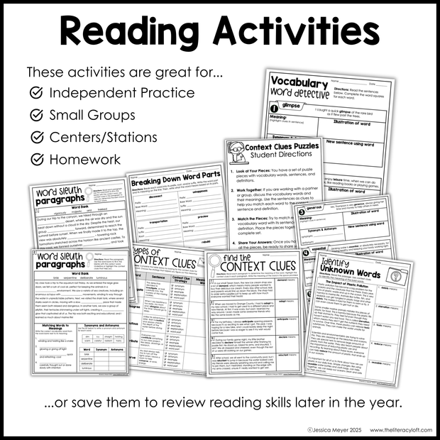 4th 5th Grade Context Clues Reading Comprehension Unit Vocabulary Worksheets Graphic Organizers Posters