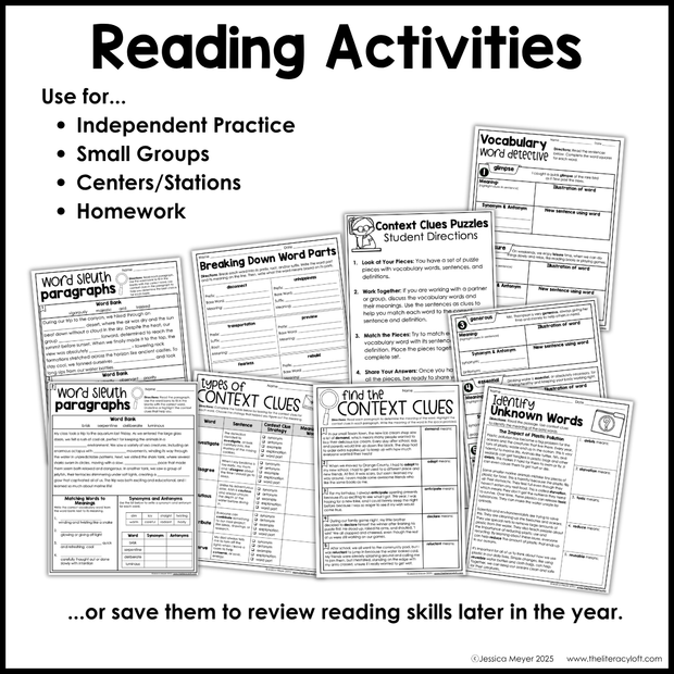 4th 5th Grade Context Clues Reading Comprehension Unit Vocabulary Worksheets Graphic Organizers Posters