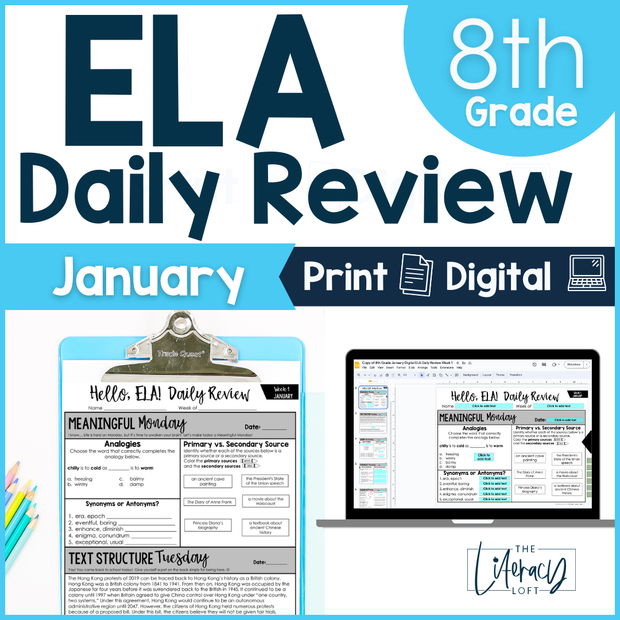 ELA Daily Review 8th Grade {January} I Distance Learning I Google Slides and Forms