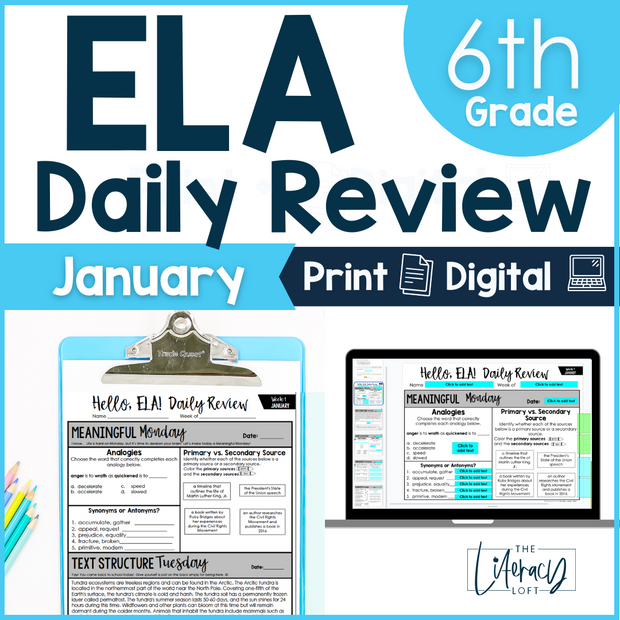 ELA Daily Review 6th Grade {January} I Distance Learning I Google Slides and Forms