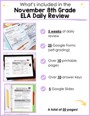 ELA Daily Review 8th Grade {November} | Distance Learning | Google Slides and Forms