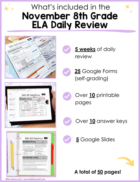 ELA Daily Review 8th Grade {November} | Distance Learning | Google Slides and Forms