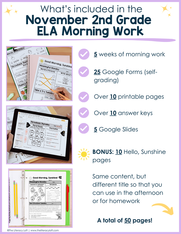 ELA Morning Work 2nd Grade {November} | Distance Learning | Google Slides