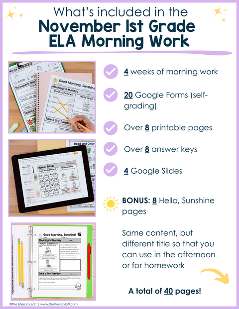 1st Grade ELA Morning Work (November) | Distance Learning | Google Slides