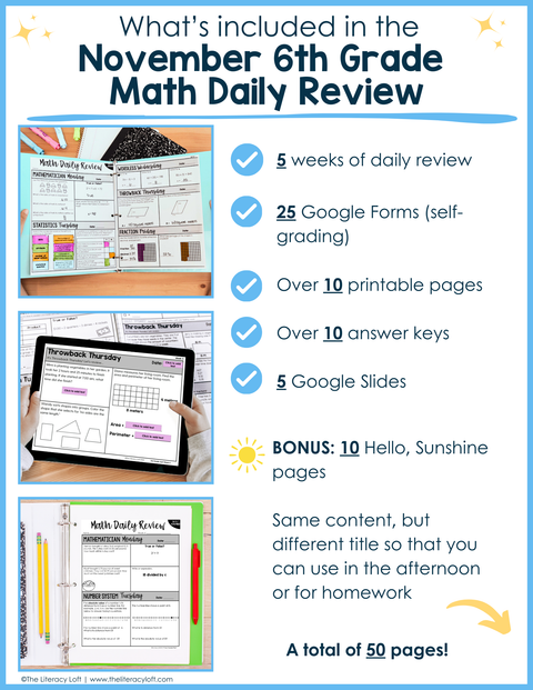 Math Daily Review 6th Grade {November} | Distance Learning | Google Apps