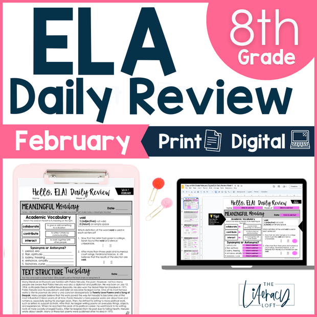 ELA Daily Review 8th Grade {February} I Distance Learning I Google Slides and Forms