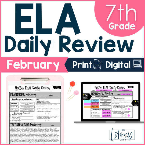 ELA Daily Review 7th Grade {February} I Distance Learning I Google Slides and Forms