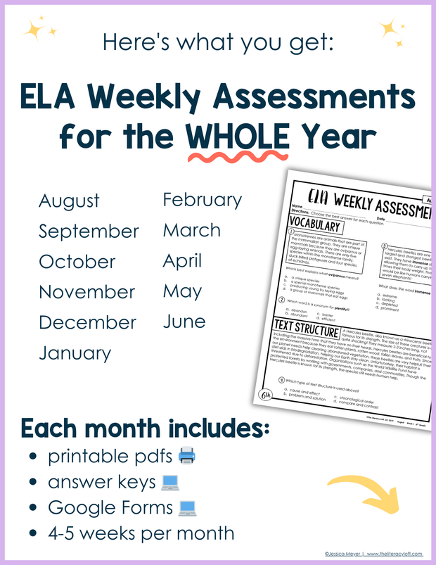 ELA Weekly Assessments 6th Grade  | Printable | Google Forms