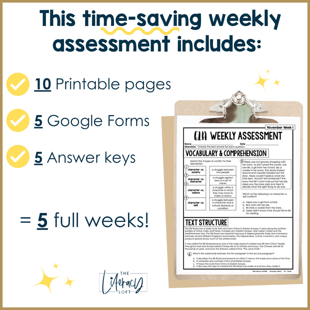 7th Grade ELA Reading Comprehension November Morning Work Assessment Daily Review