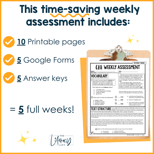 5th Grade ELA Reading Comprehension October Morning Work Assessment Elementary
