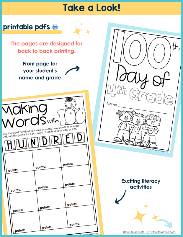 100th Day of School Math ELA Writing Prompts Coloring Pages 3rd 4th 5th Grade