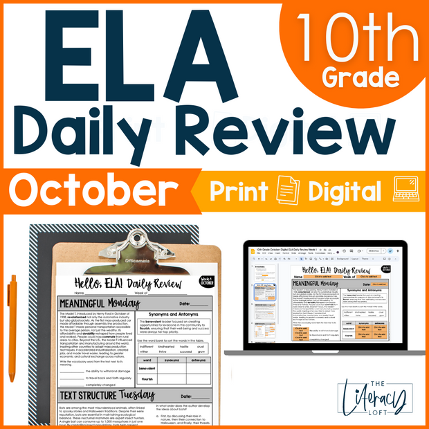 October 10th Grade ELA High School Reading Comprehension Spiral Review Grammar