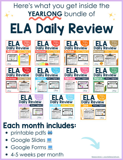 7th Grade ELA Daily Review and Weekly Assessment Bundle