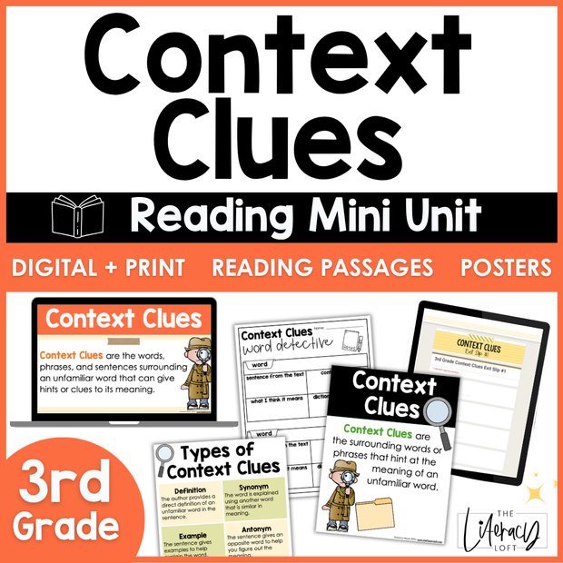 3rd Grade Context Clues Reading Comprehension Unit Vocabulary Worksheets Graphic Organizers Posters