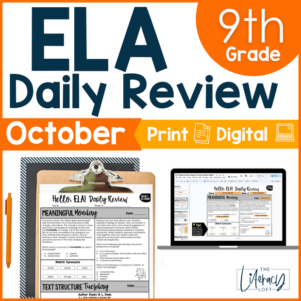 October 9th Grade ELA High School Reading Comprehension Spiral Review Grammar