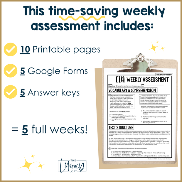 8th Grade ELA Reading Comprehension November Morning Work Assessment Daily Review