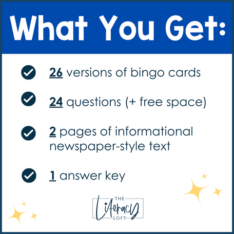 Fourth of July Reading Comprehension Bingo Fun Summer Activity 3rd 4th 5th Grade