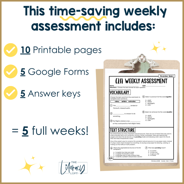 4th Grade ELA Reading Comprehension November Morning Work Assessment Elementary