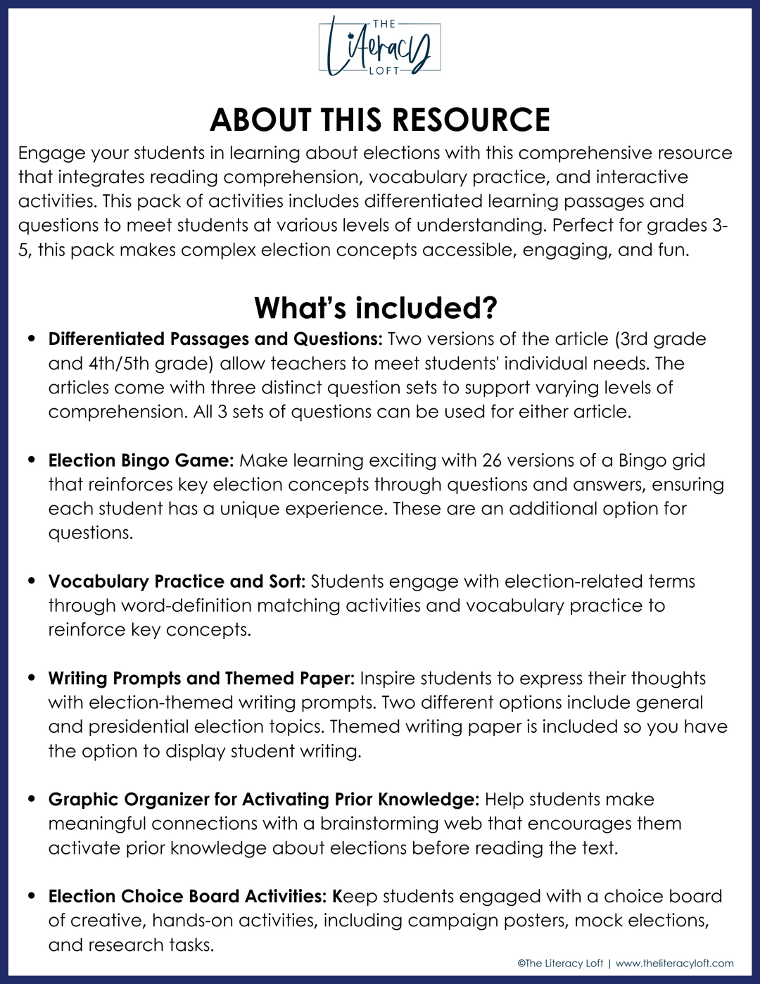 2024 Presidential Election Reading Comprehension Bingo 3rd 4th 5th