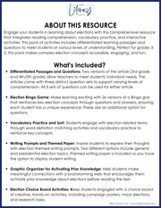 2024 Presidential Election Reading Comprehension Bingo 3rd 4th 5th Grade Passages Questions Graphic Organizers Writing Prompts