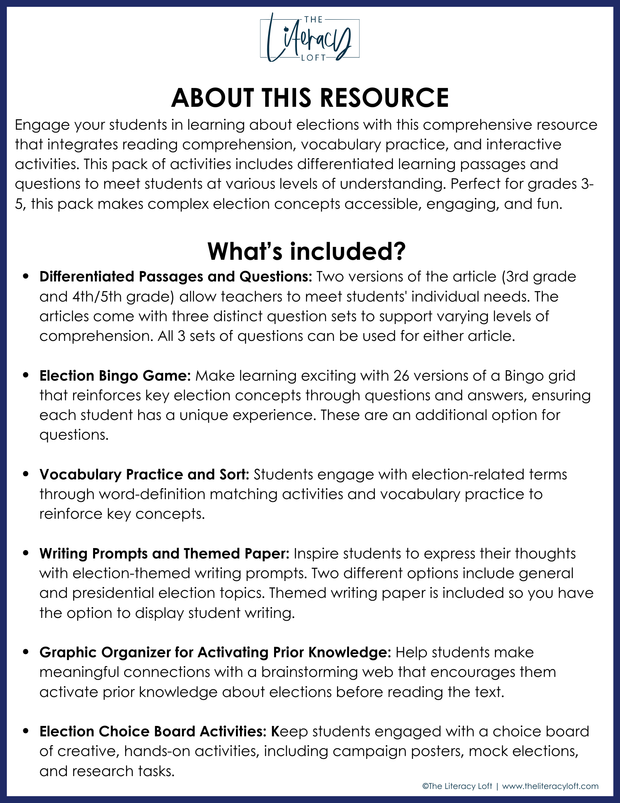 2024 Presidential Election Reading Comprehension Bingo 3rd 4th 5th Grade Passages Questions Graphic Organizers Writing Prompts