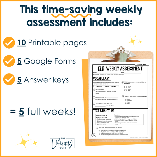 3rd Grade ELA Reading Comprehension October Morning Work Assessment Elementary
