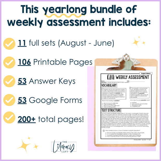 ELA Weekly Assessments 7th Grade  | Printable | Google Forms