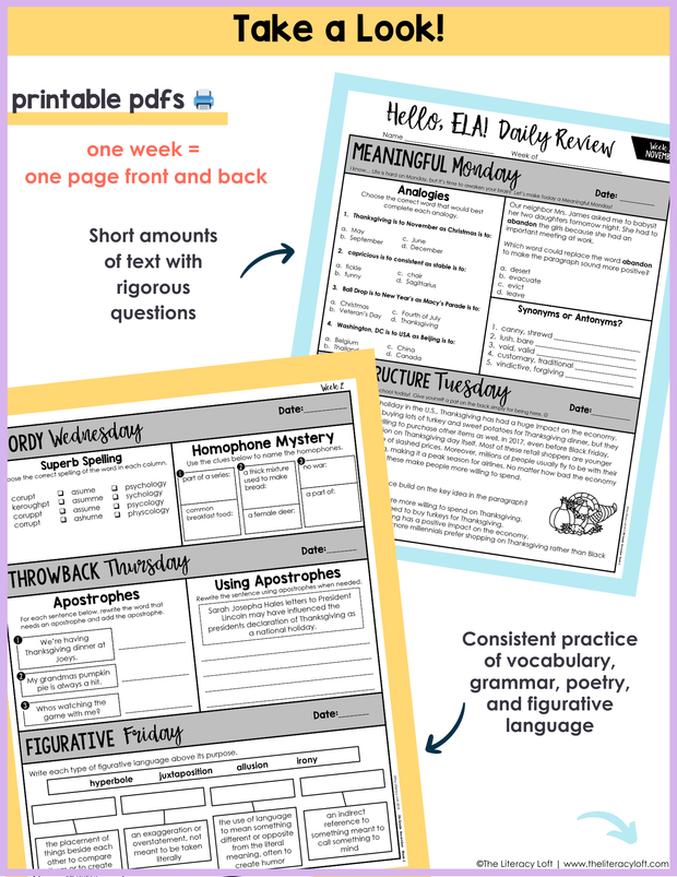 ELA Daily Review 7th Grade {November} | Distance Learning | Google Slides and Forms