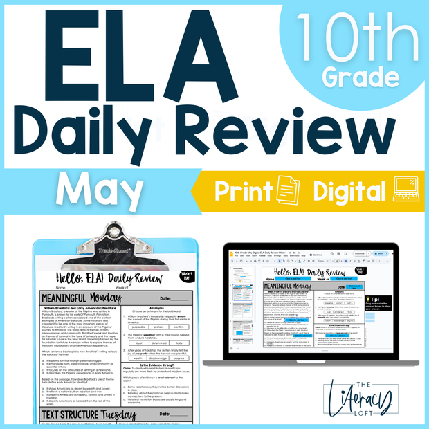 10th Grade ELA High School Spring Summer End of the Year Spiral Review Reading Comp-May