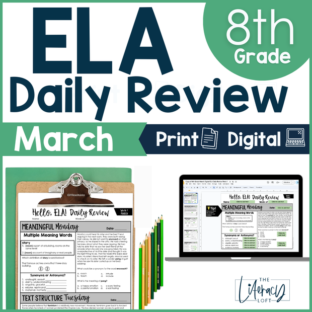 ELA Daily Review 8th Grade {March} | Distance Learning | Google Slides and Forms