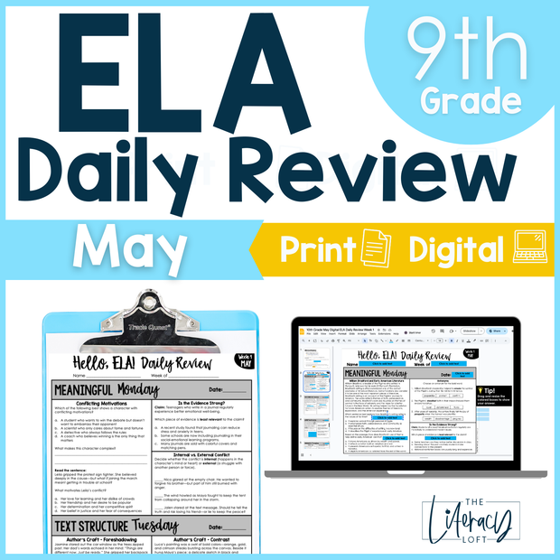 9th Grade ELA High School Spring Summer End of the Year Spiral Review Reading Comprehension - May