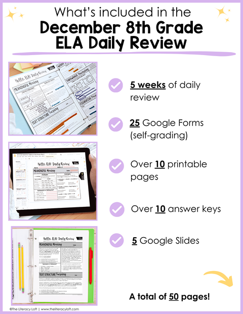 ELA Daily Review 8th Grade {December} I Distance Learning I Google Slides and Forms