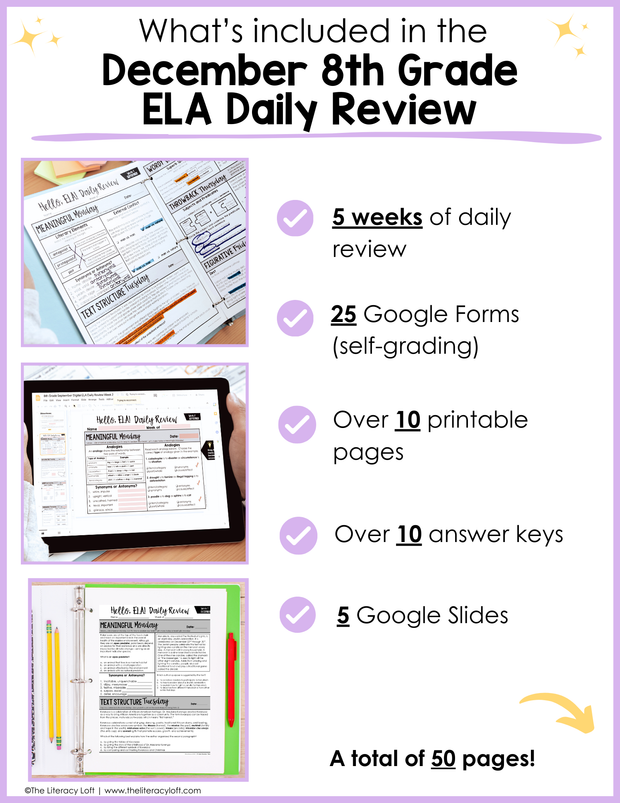 ELA Daily Review 8th Grade {December} I Distance Learning I Google Slides and Forms