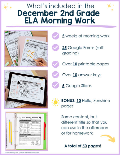 ELA Morning Work 2nd Grade {December} I Distance Learning I Google Slides