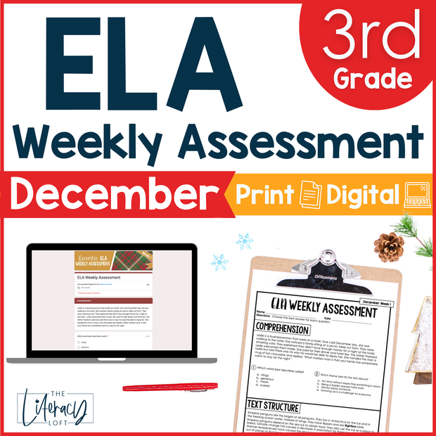 3rd Grade ELA Reading Comprehension Morning Work Assessment Winter Review - Dec