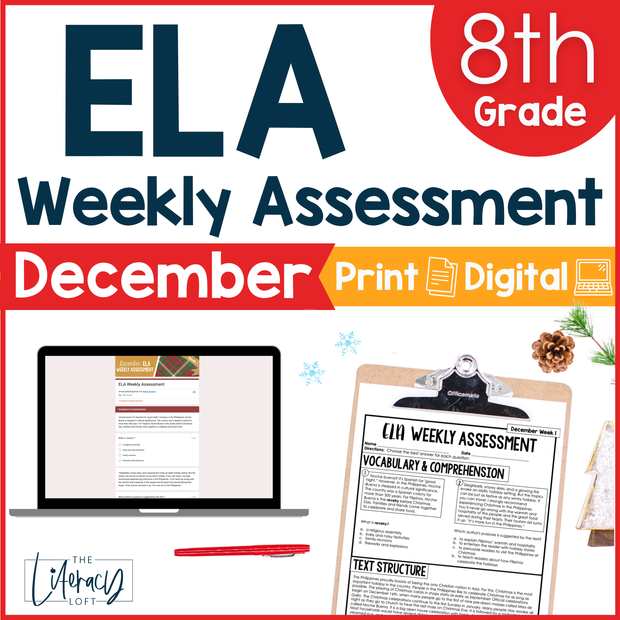 8th Grade ELA Reading Comprehension Morning Work Assessment Winter Review - Dec