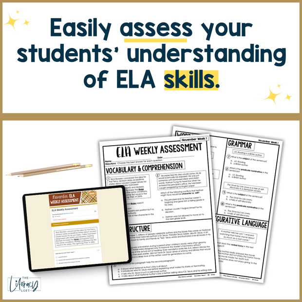 8th Grade ELA Reading Comprehension November Morning Work Assessment Daily Review