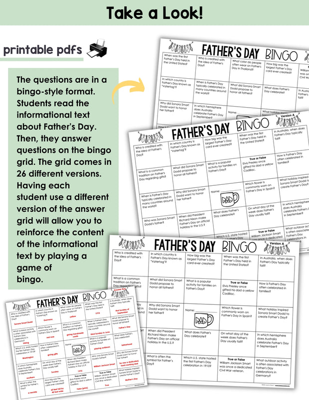 Summer School Reading Bingo Activity Pages Father's Day Game Worksheet 3rd-5th