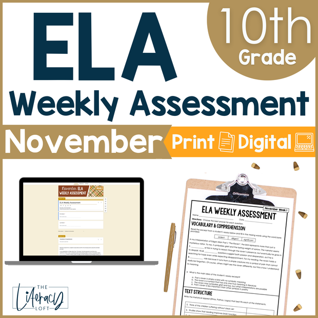 10th Grade ELA Reading Comprehension November Fall Morning Work Assessment Thanksgiving High School