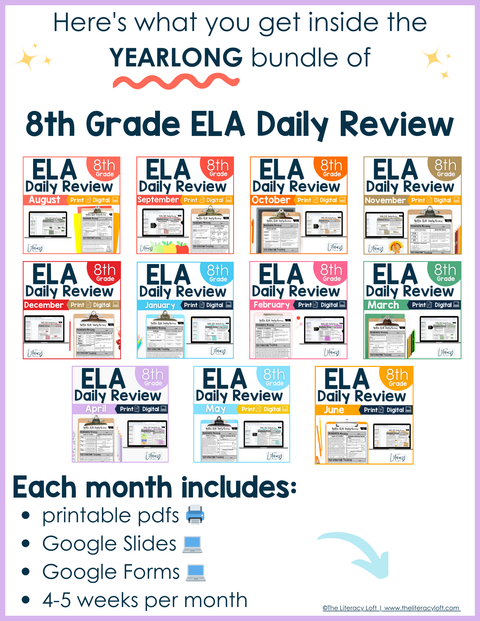 7th-8th Grade ELA Daily Review and Weekly Assessment Bundle