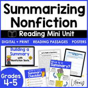 4th 5th Grade Summarizing Nonfiction Text Reading Comprehension Passages Unit